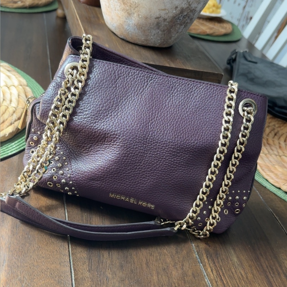 Michael Kors Deep Plum Pebbled Leather Shoulder Bag with Gold Chain